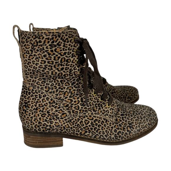 Lucky Brand Leopard Hestawn Lace Up Combat Moto Boots 8 Brown Leather Cheetah - Picture 4 of 8